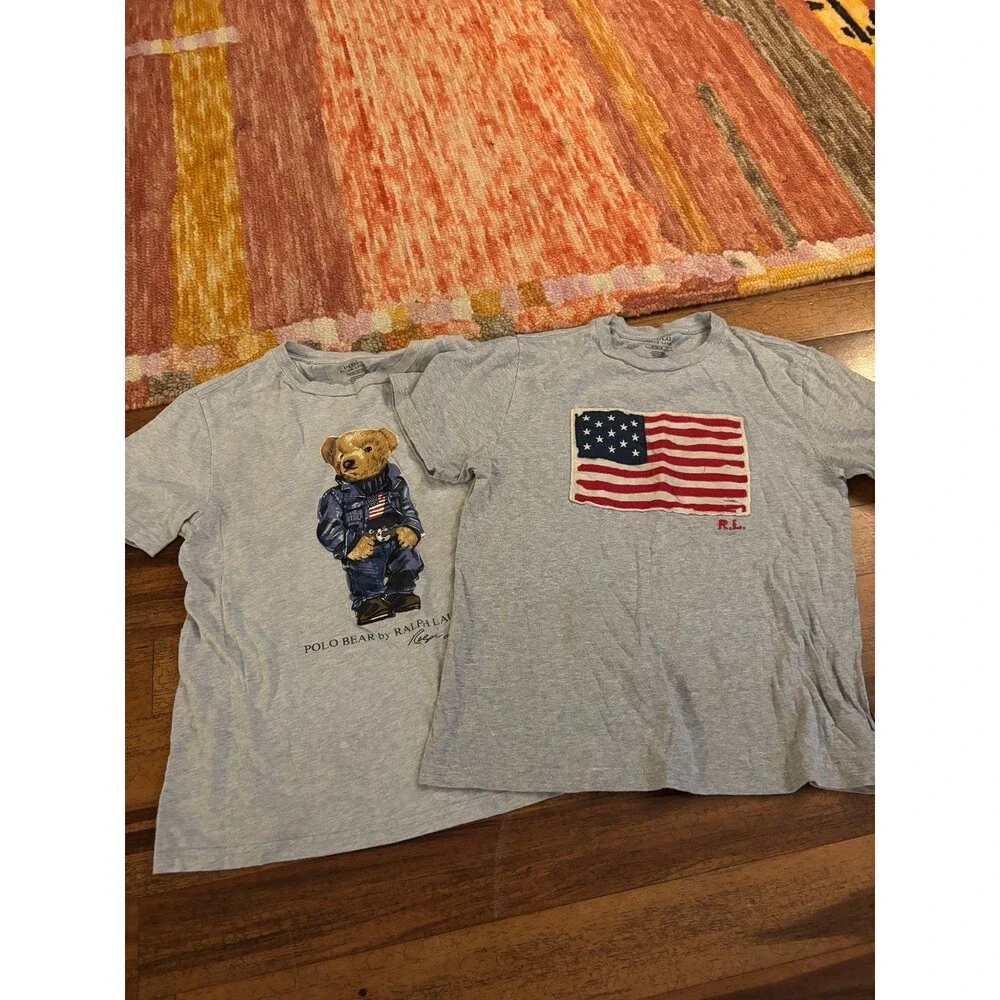 Lot of 2 Polo Ralph Lauren Boys Graphic T-Shirts Polo Bear American Flag Gray M